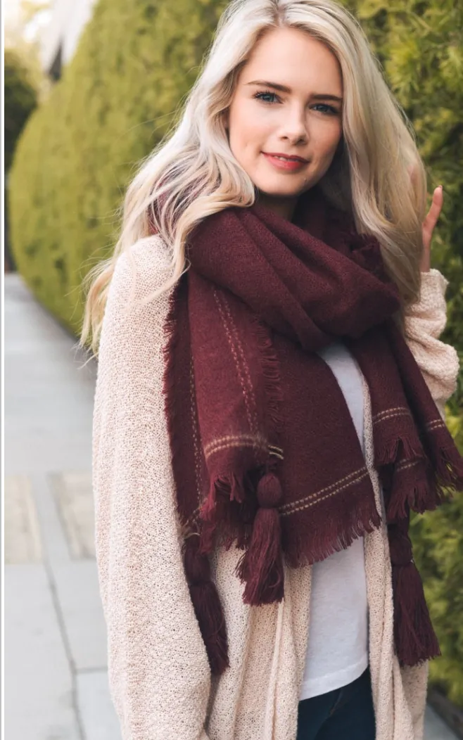 Long Burgundy Tassel Frayed Blanket Scarf