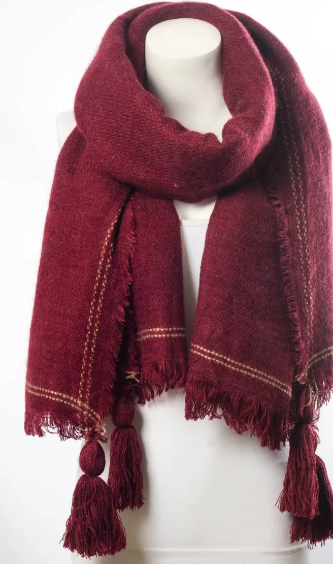 Long Burgundy Tassel Frayed Blanket Scarf