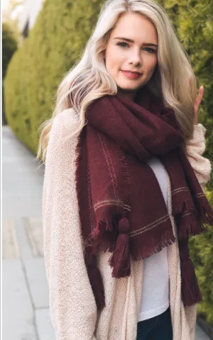 Long Burgundy Tassel Frayed Blanket Scarf