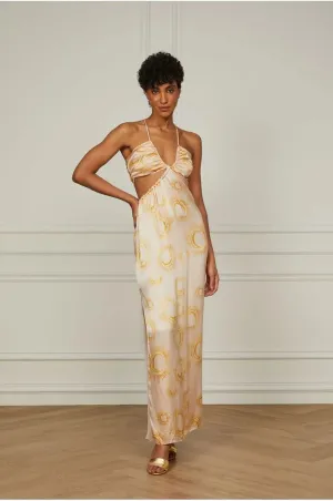 Long Printed Silk Dress With Open Back