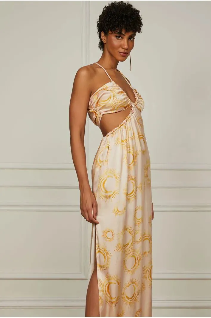 Long Printed Silk Dress With Open Back
