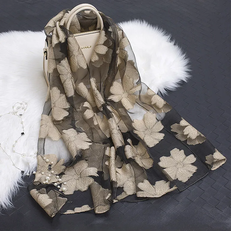 Lotus Floral Silk Scarf for Women