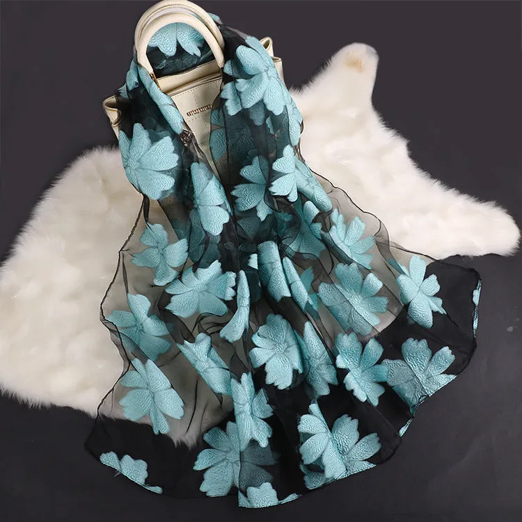 Lotus Floral Silk Scarf for Women