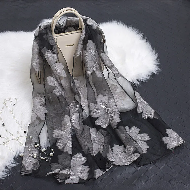 Lotus Floral Silk Scarf for Women