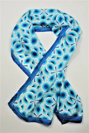 LOTUS Mandala Designer 100% Silk Long Rectangle Scarf in Blue White