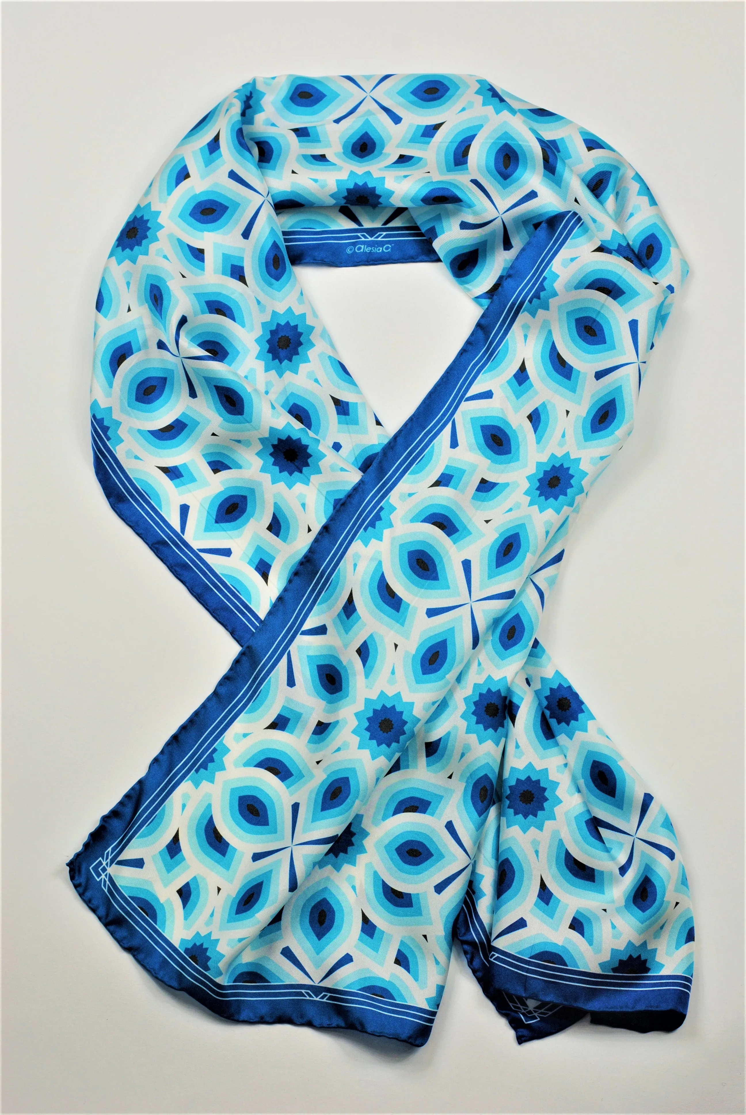 LOTUS Mandala Designer 100% Silk Long Rectangle Scarf in Blue White