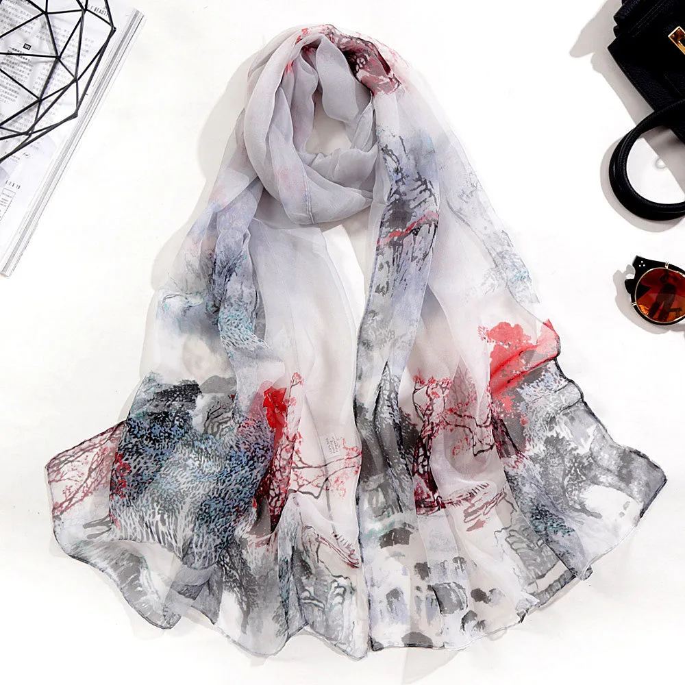Lotus Printed Long Thin Silk Scarf for Women