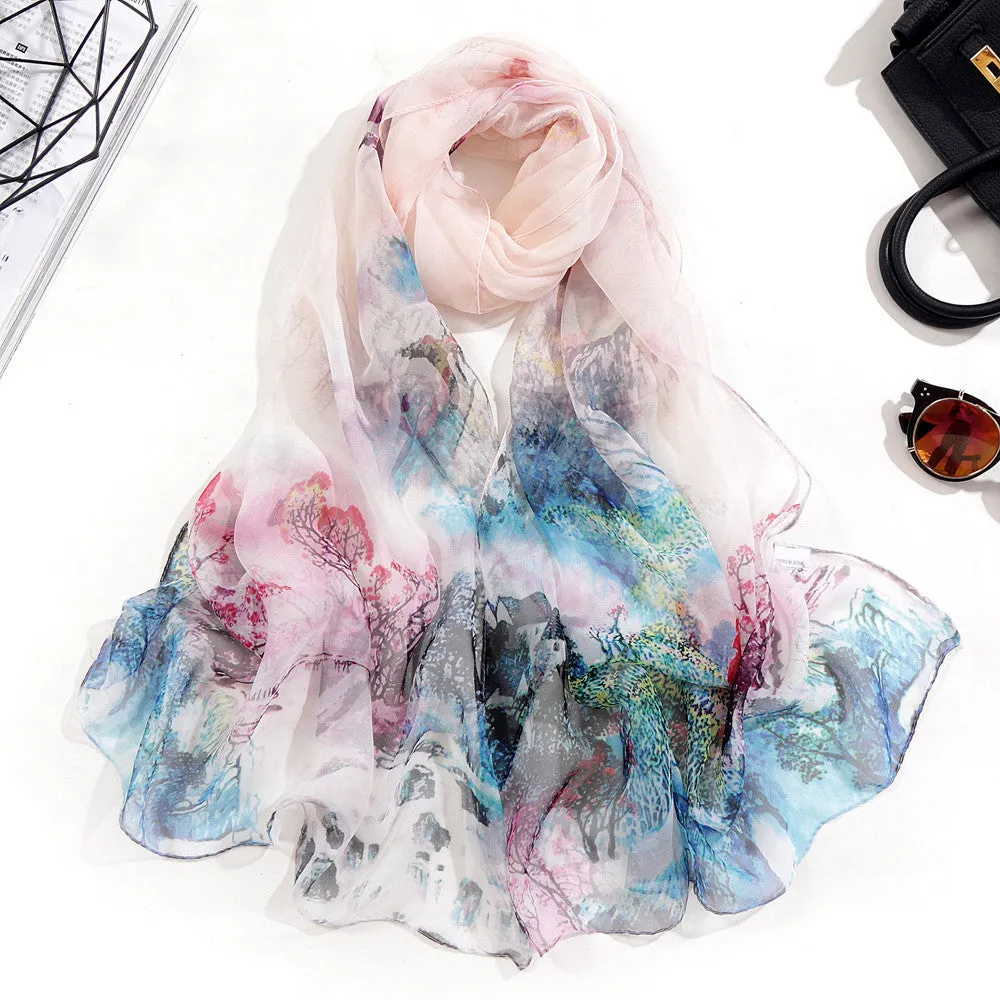 Lotus Printed Long Thin Silk Scarf for Women