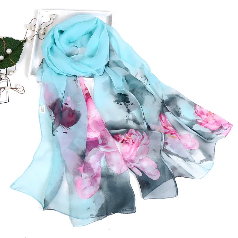 Lotus Printed Long Thin Silk Scarf for Women