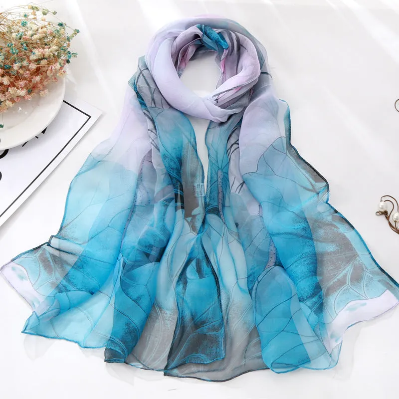 Lotus Printed Long Thin Silk Scarf for Women