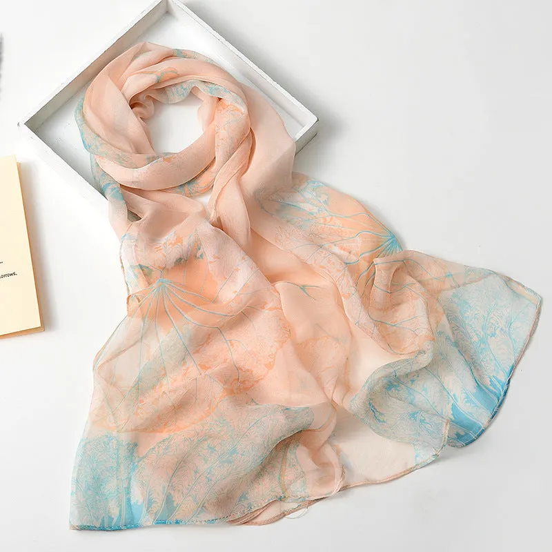 Lotus Printed Long Thin Silk Scarf for Women