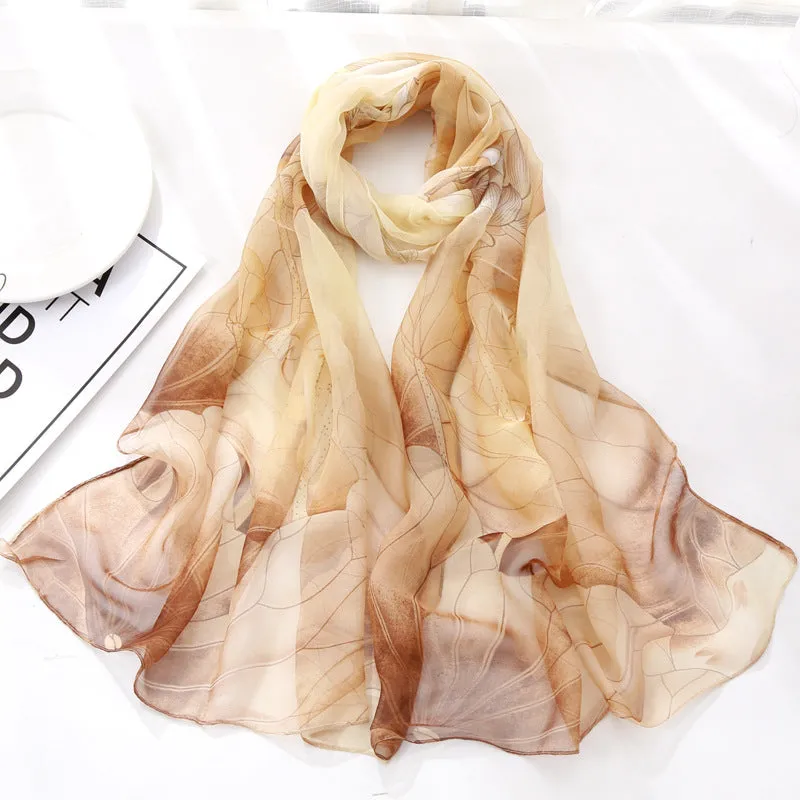 Lotus Printed Long Thin Silk Scarf for Women