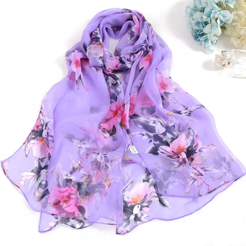 Lotus Printed Long Thin Silk Scarf for Women