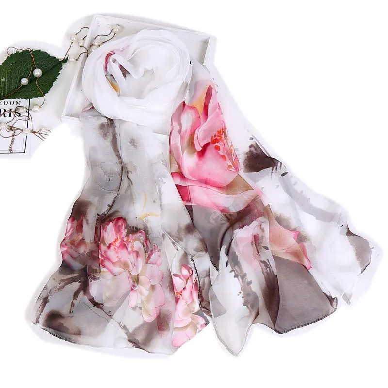 Lotus Printed Long Thin Silk Scarf for Women