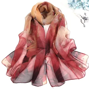Lotus Printed Long Thin Silk Scarf for Women
