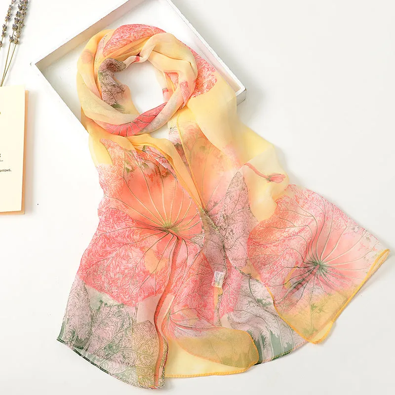 Lotus Printed Long Thin Silk Scarf for Women