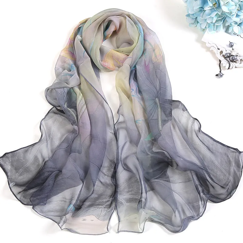 Lotus Printed Long Thin Silk Scarf for Women