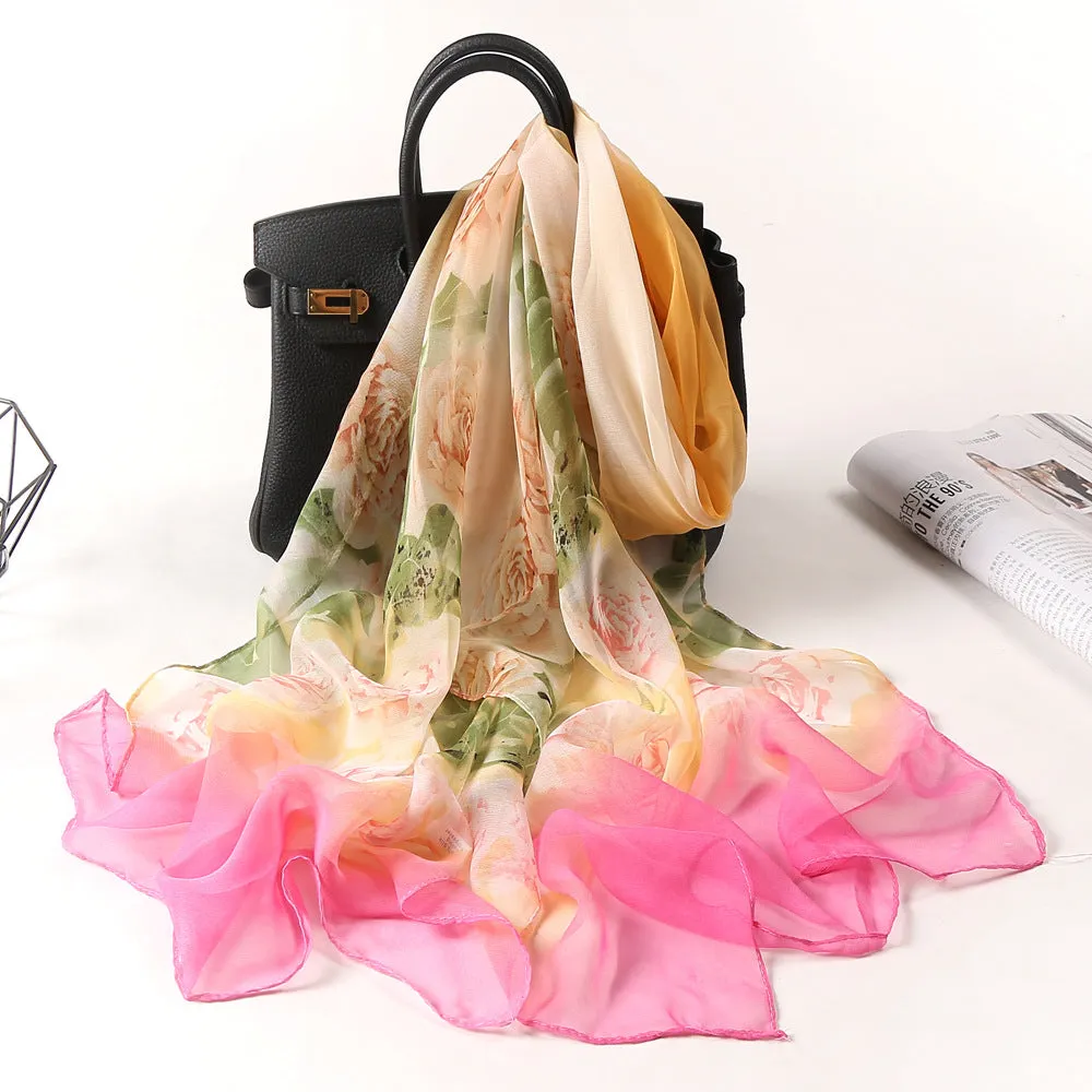 Lotus Printed Long Thin Silk Scarf for Women