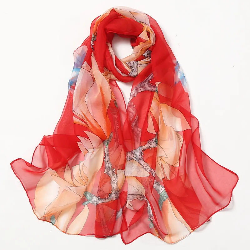 Lotus Printed Long Thin Silk Scarf for Women