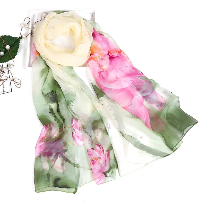 Lotus Printed Long Thin Silk Scarf for Women