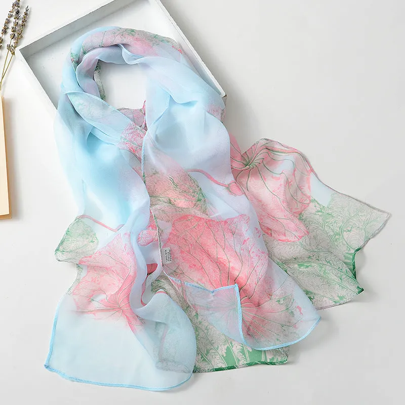 Lotus Printed Long Thin Silk Scarf for Women