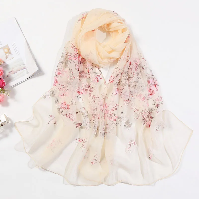 Lotus Printed Long Thin Silk Scarf for Women