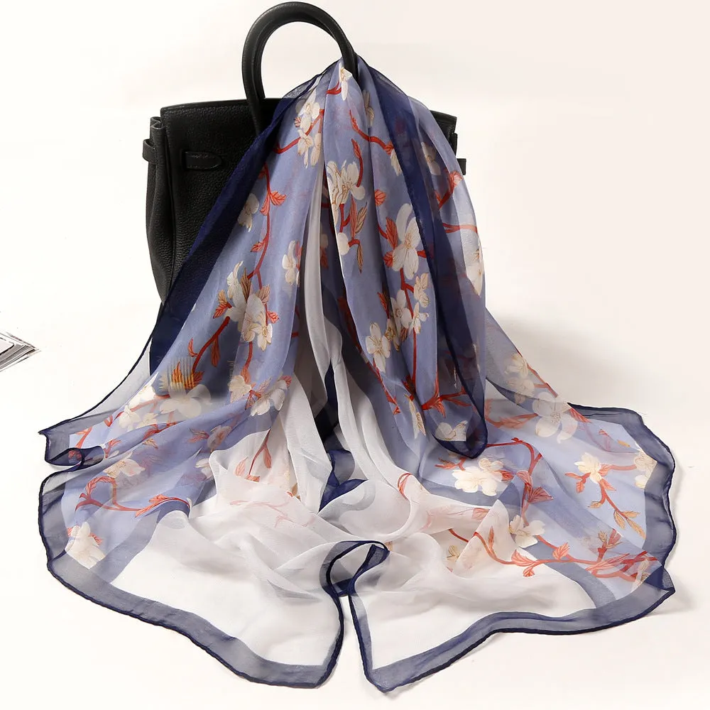Lotus Printed Long Thin Silk Scarf for Women