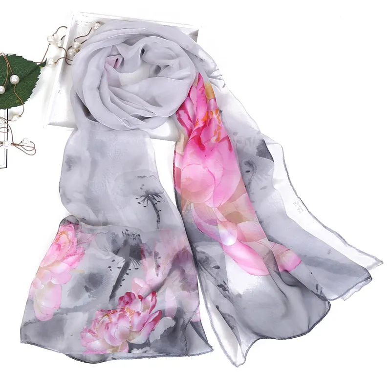 Lotus Printed Long Thin Silk Scarf for Women
