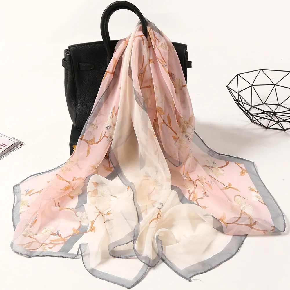 Lotus Printed Long Thin Silk Scarf for Women