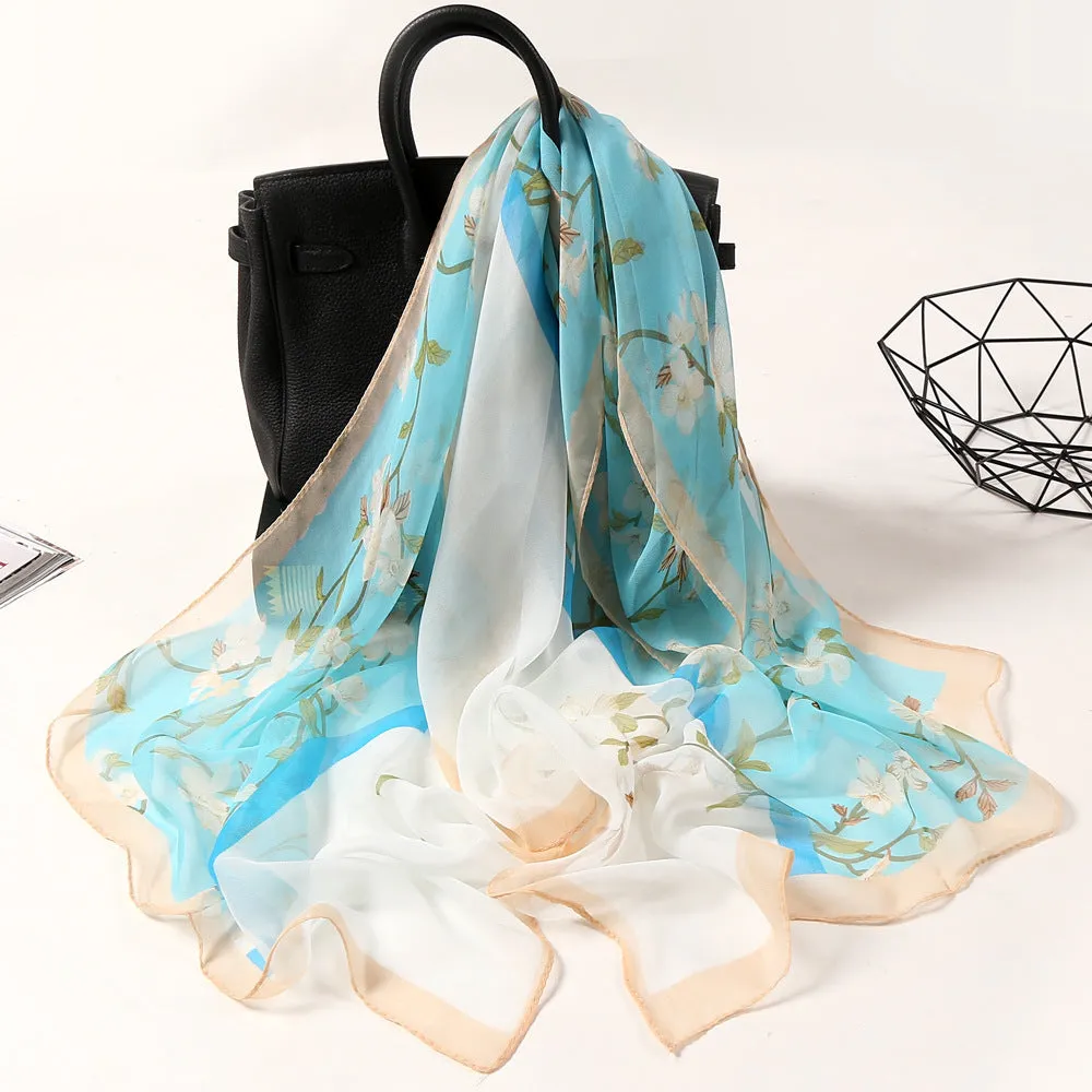 Lotus Printed Long Thin Silk Scarf for Women