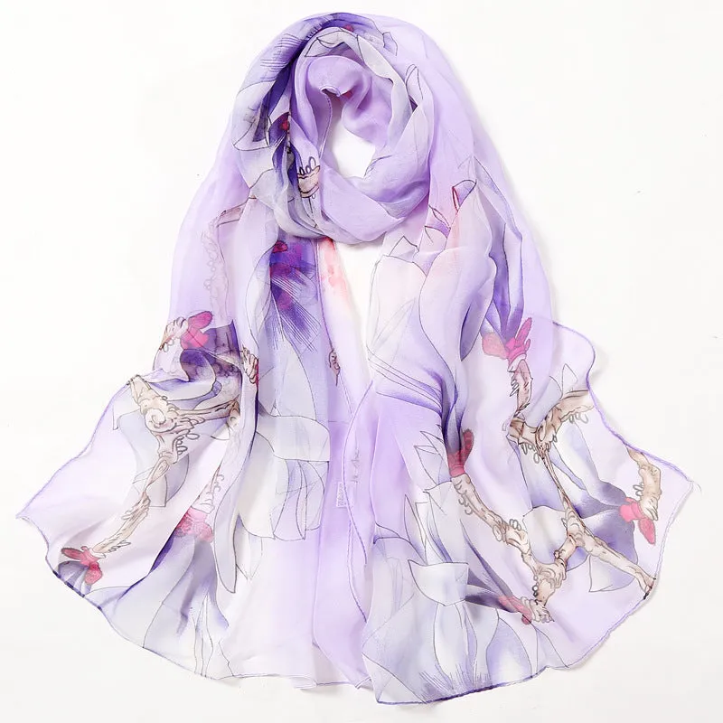 Lotus Printed Long Thin Silk Scarf for Women