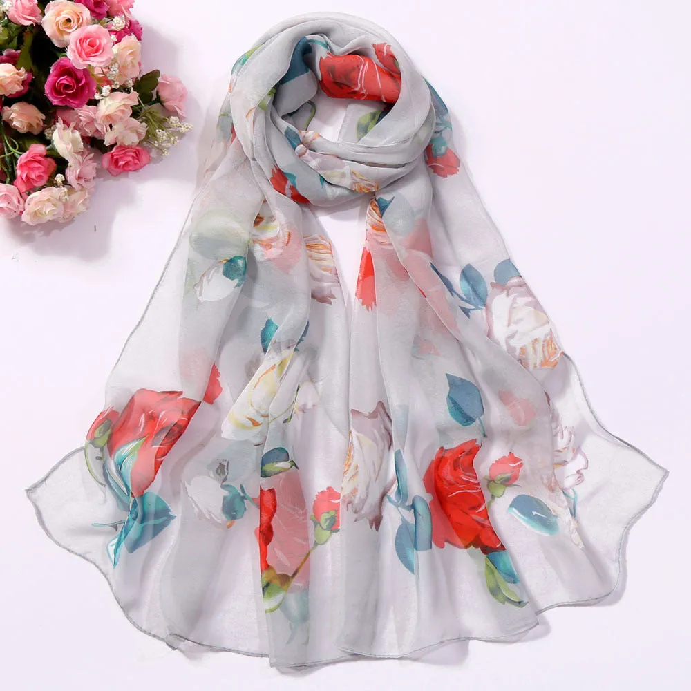 Lotus Printed Long Thin Silk Scarf for Women