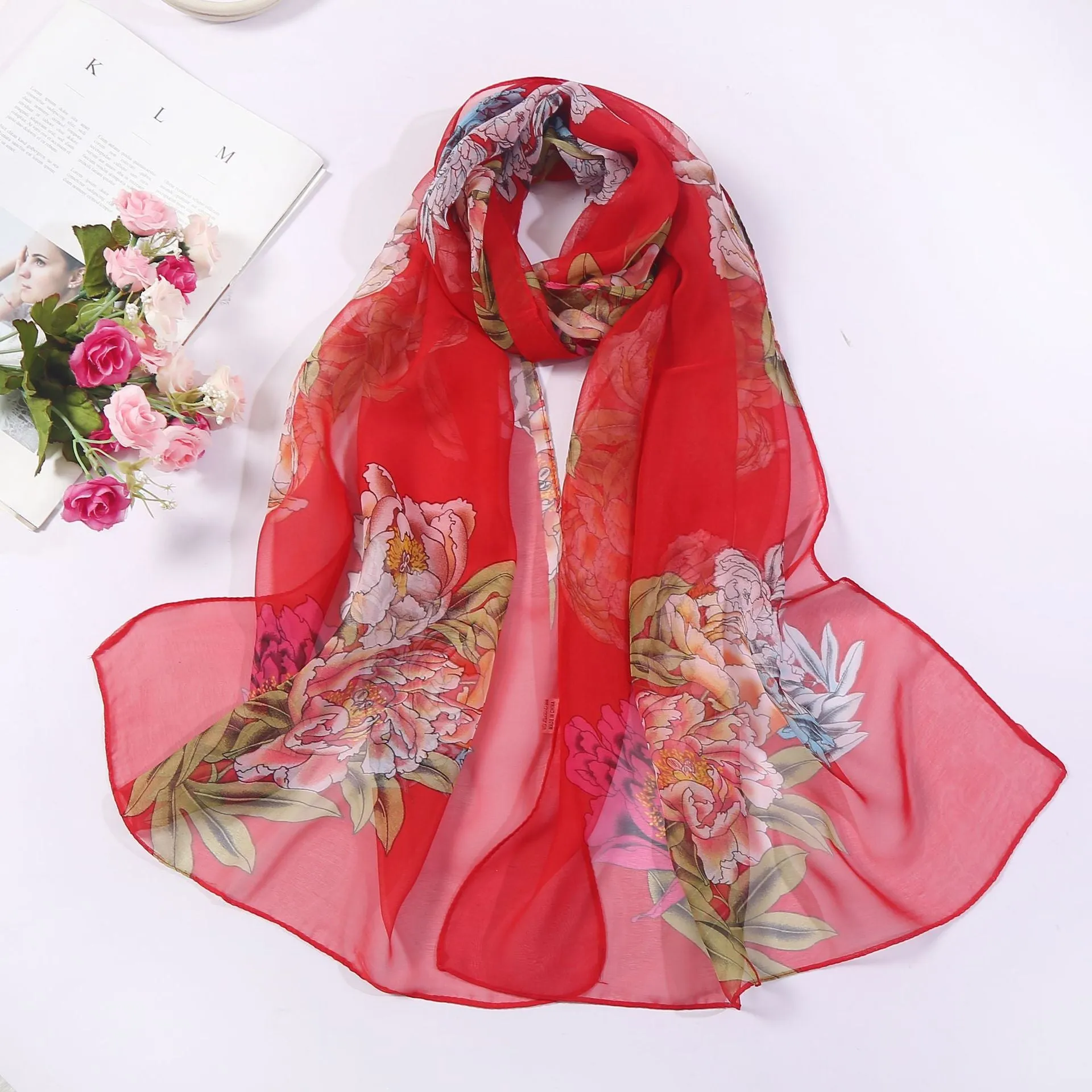 Lotus Printed Long Thin Silk Scarf for Women