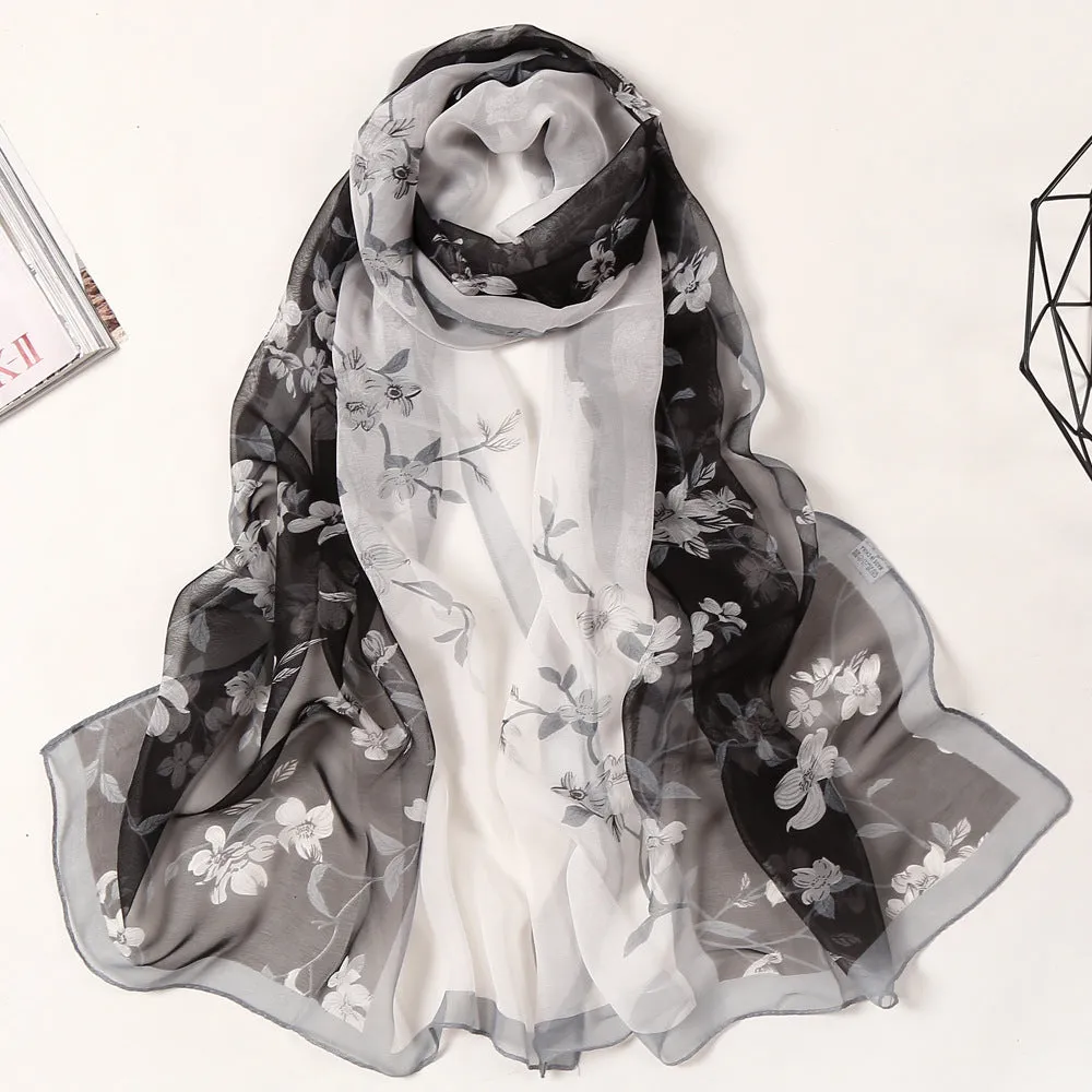 Lotus Printed Long Thin Silk Scarf for Women
