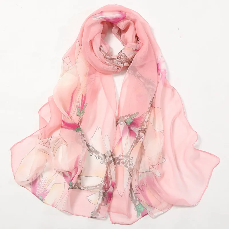 Lotus Printed Long Thin Silk Scarf for Women