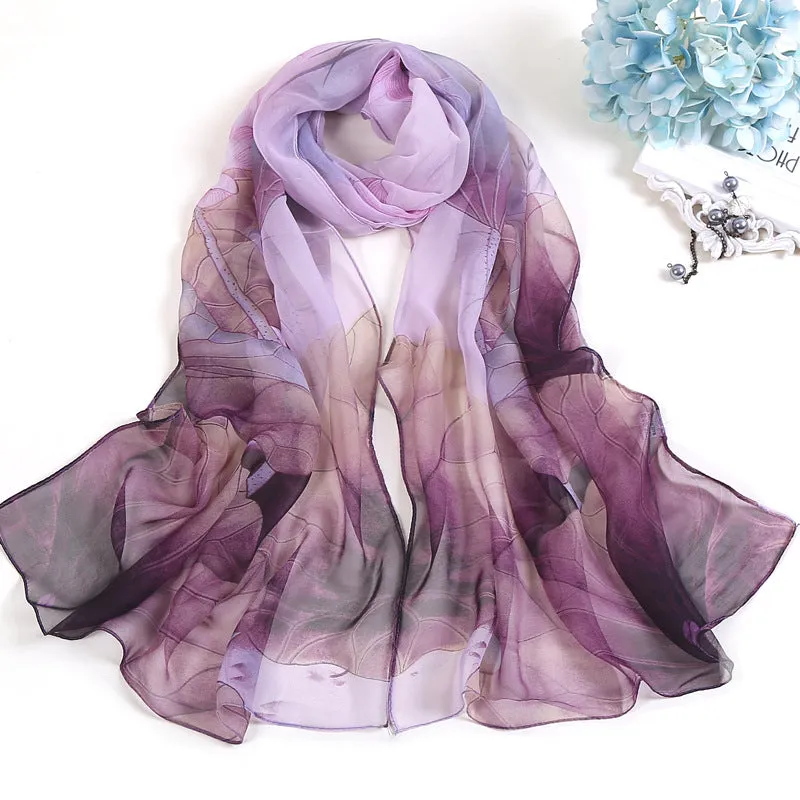 Lotus Printed Long Thin Silk Scarf for Women