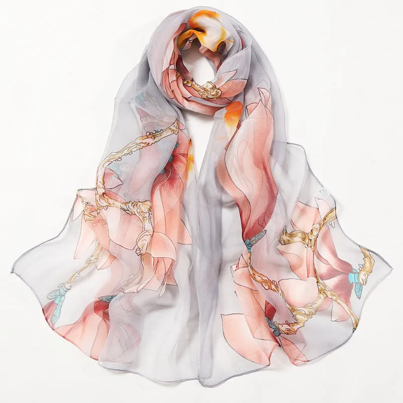 Lotus Printed Long Thin Silk Scarf for Women
