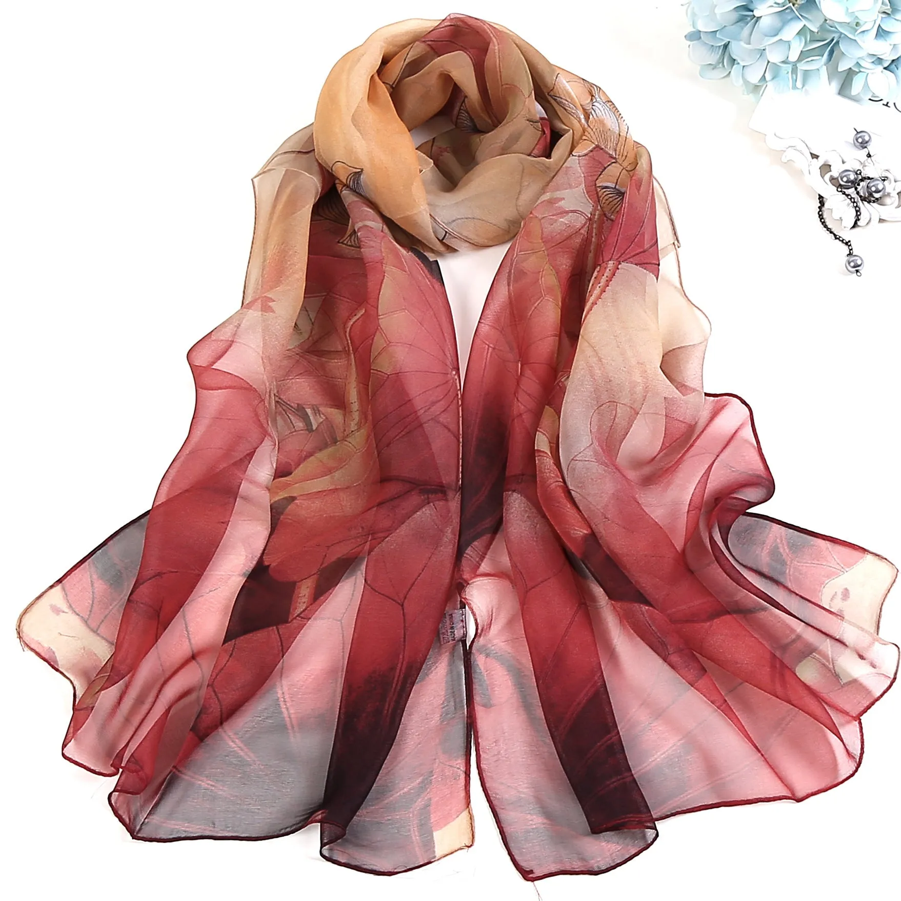 Lotus Printed Long Thin Silk Scarf for Women