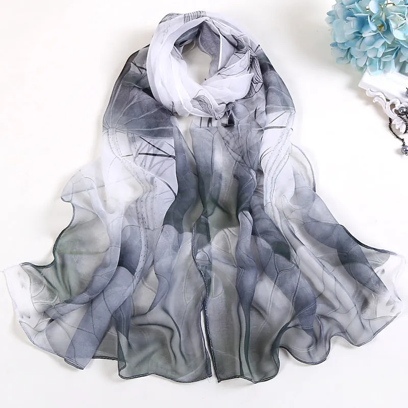 Lotus Printed Long Thin Silk Scarf for Women
