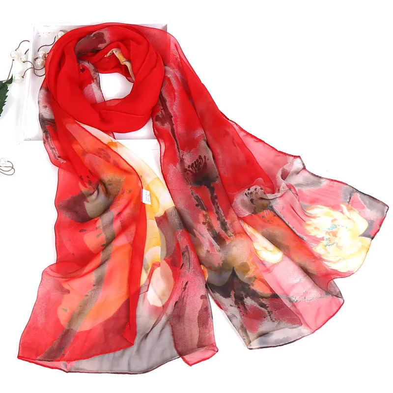 Lotus Printed Long Thin Silk Scarf for Women