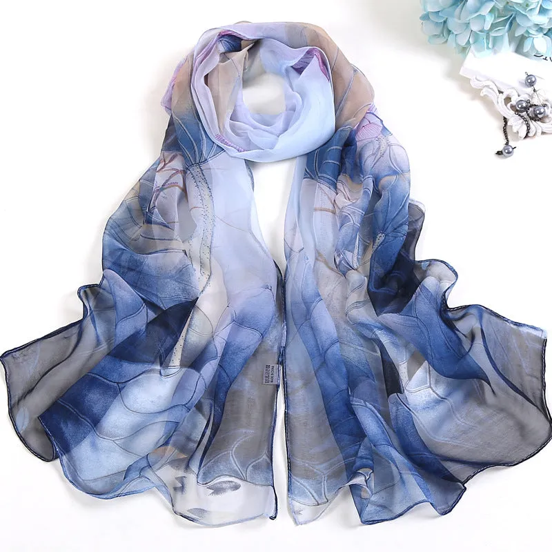 Lotus Printed Long Thin Silk Scarf for Women