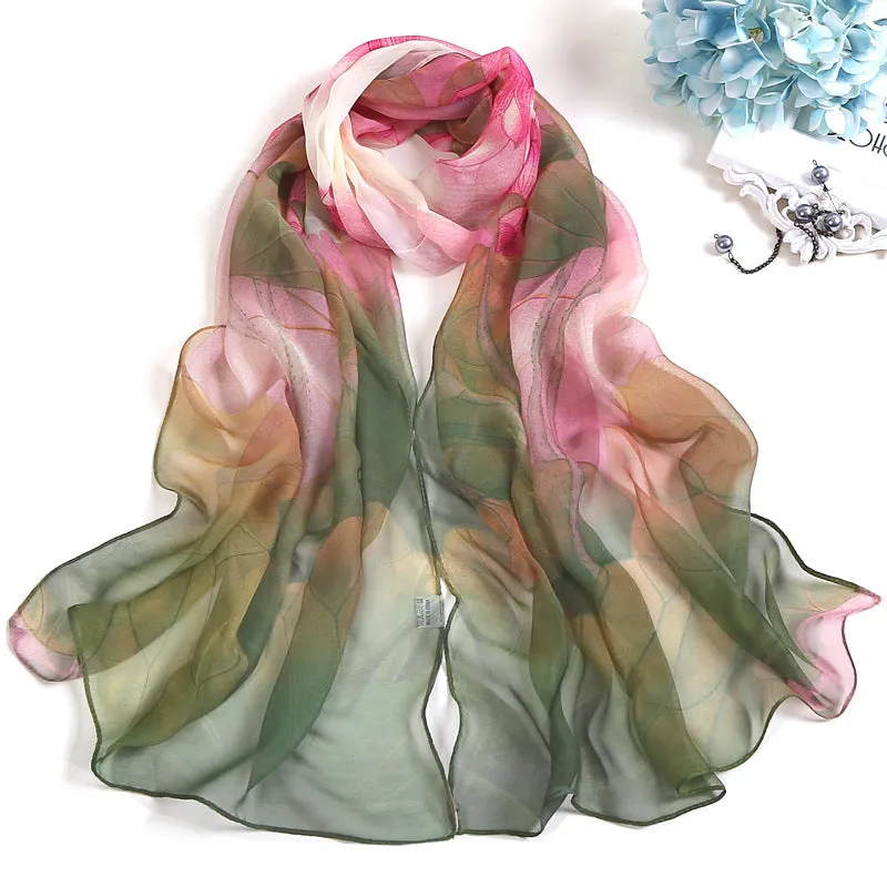 Lotus Printed Long Thin Silk Scarf for Women