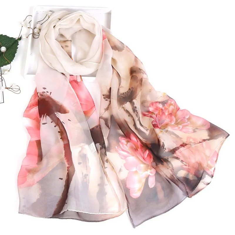 Lotus Printed Long Thin Silk Scarf for Women