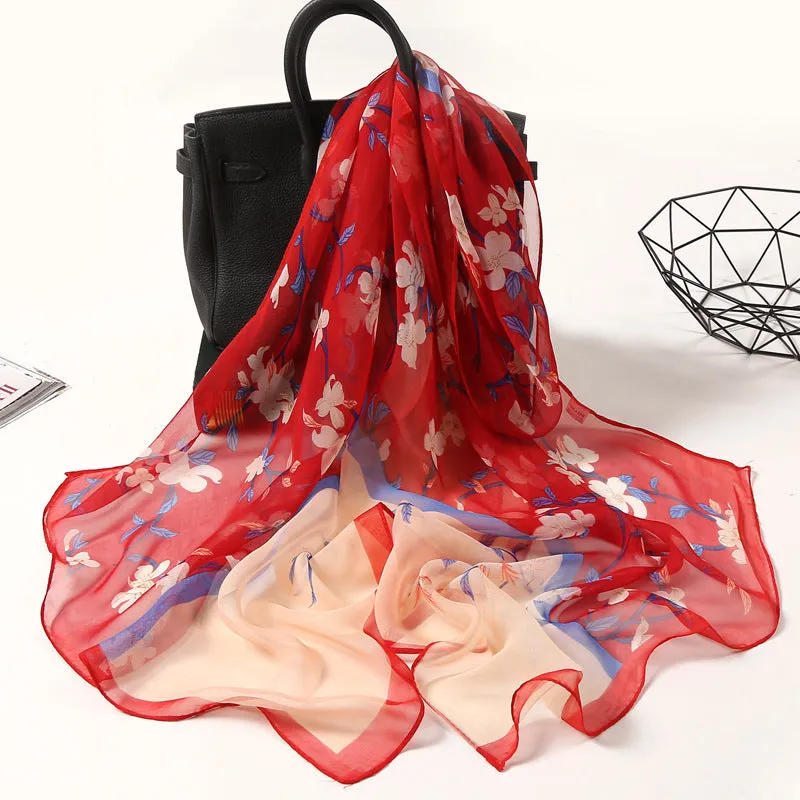 Lotus Printed Long Thin Silk Scarf for Women