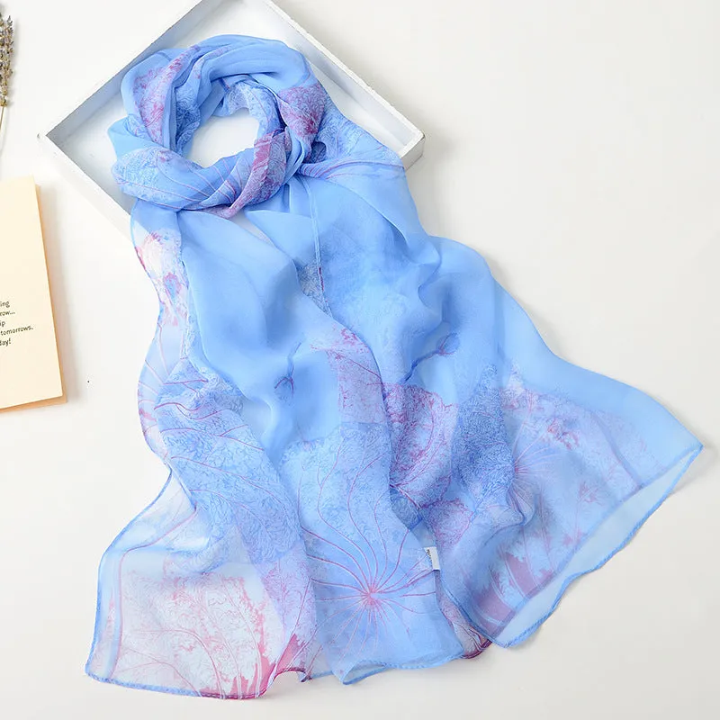 Lotus Printed Long Thin Silk Scarf for Women