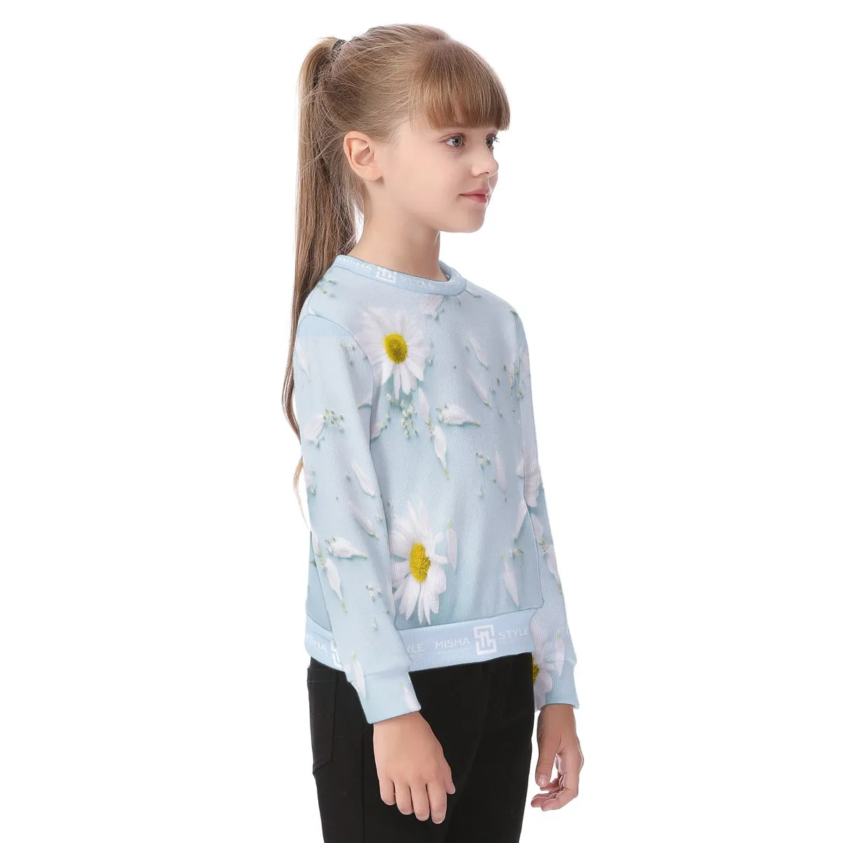 Luxury White Floral Baby Blue Sweater