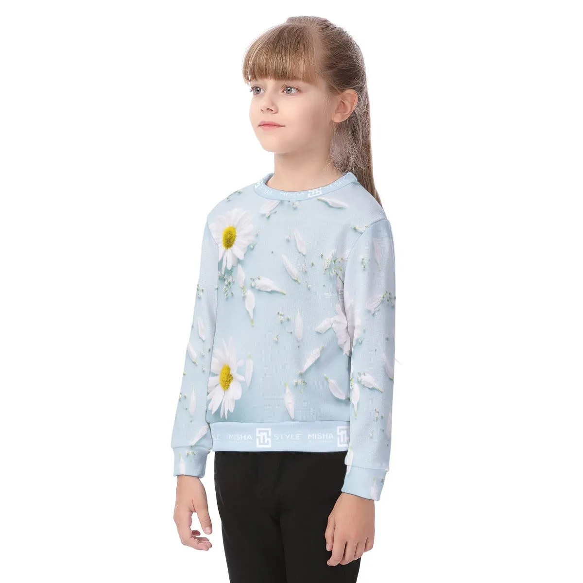 Luxury White Floral Baby Blue Sweater