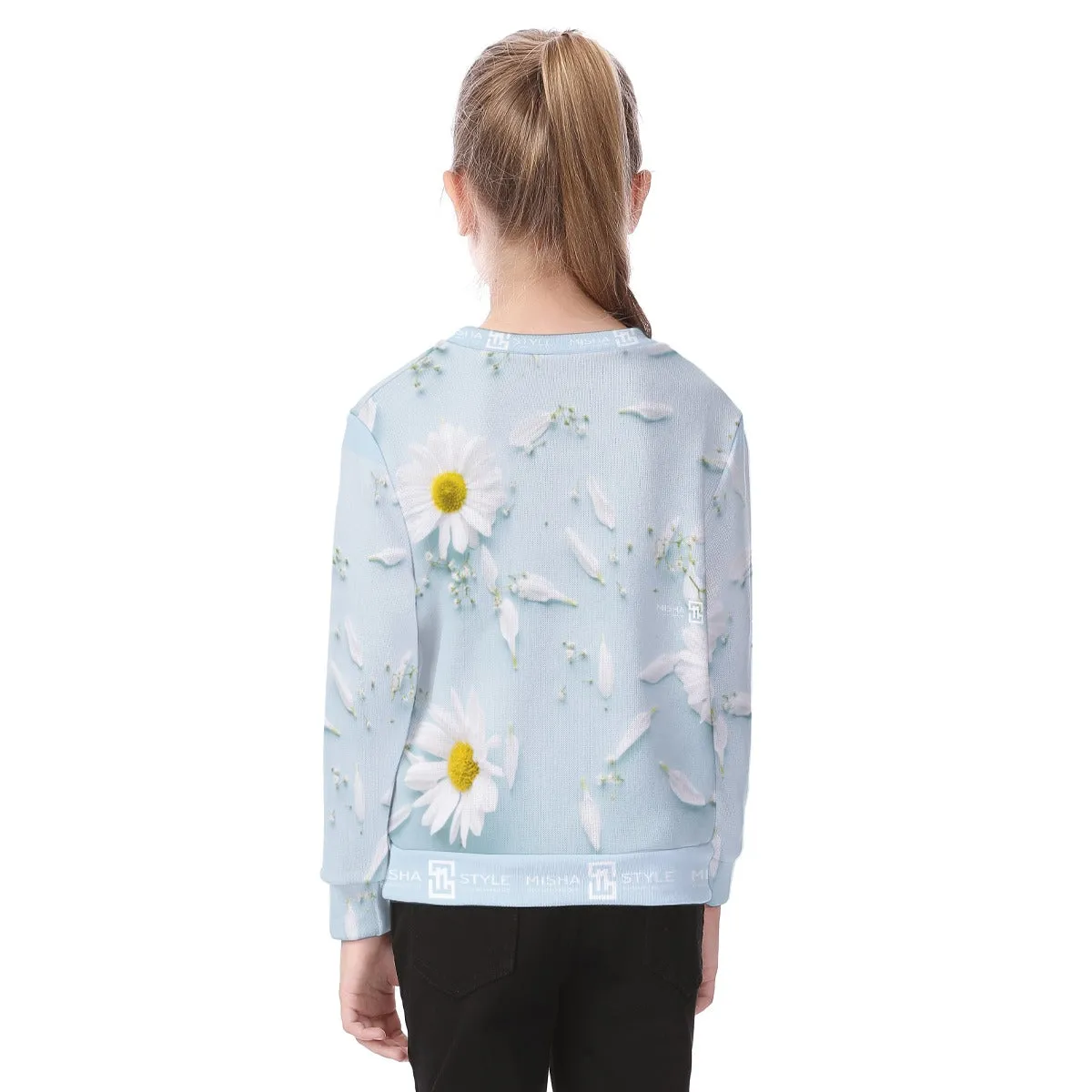 Luxury White Floral Baby Blue Sweater