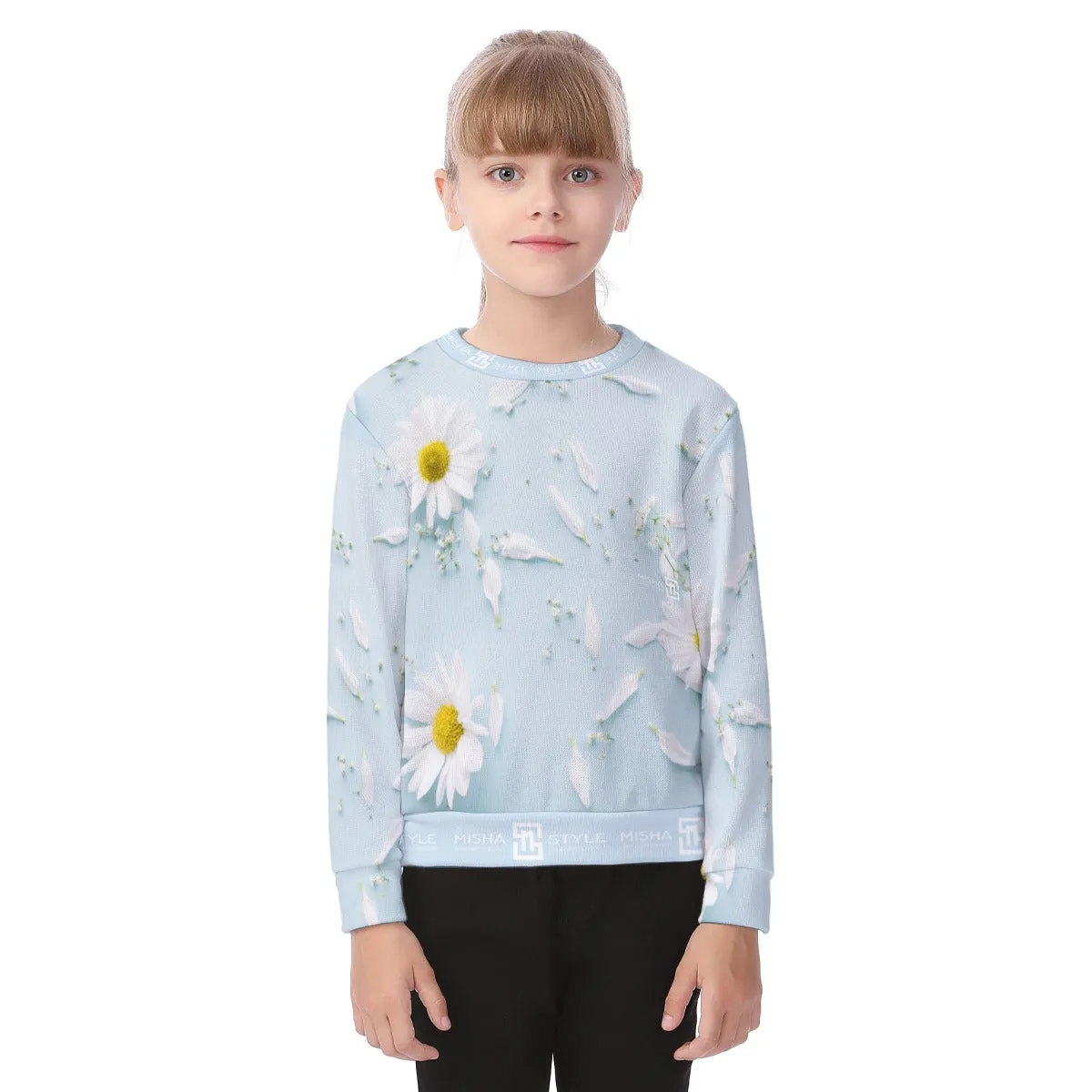 Luxury White Floral Baby Blue Sweater