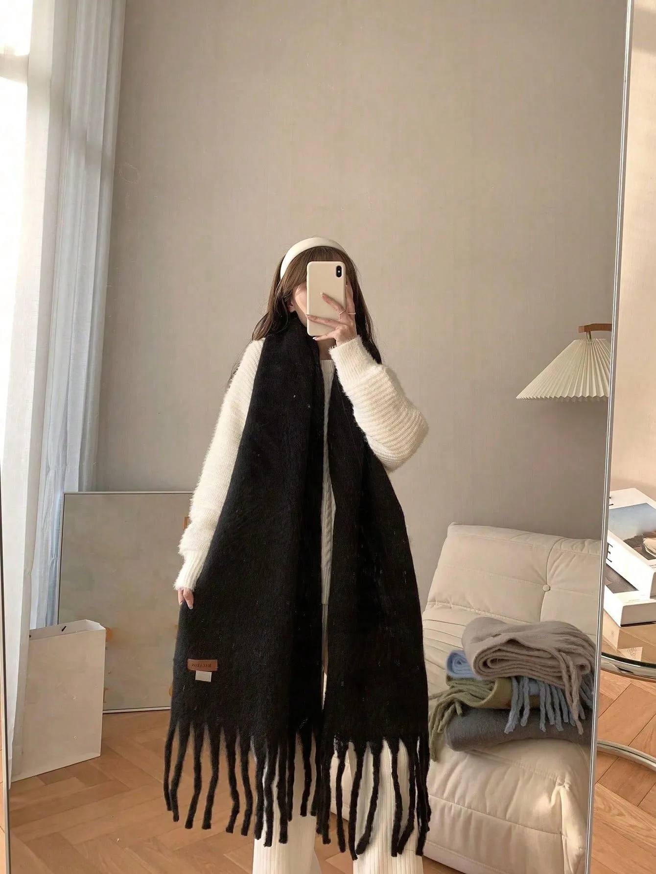 Macaron Solid Color Plush Warm Scarf For Daily Outfit, Couple Shawl